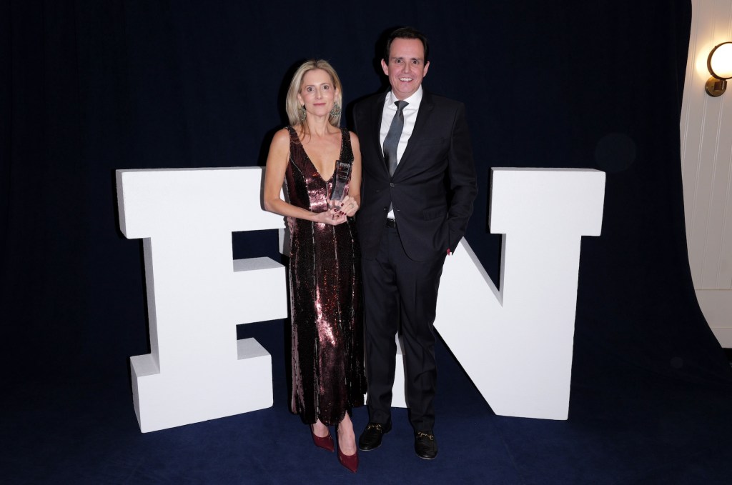 NEW YORK, NEW YORK - DECEMBER 04: (L-R) Marina Larroud&eacute; and Ricardo Larroud&eacute; attend Footwear News Achievement Awards (FNAAs) 2024 at Cipriani South Street on December 04, 2024 in New York City.  (Photo by Craig Barritt/Footwear News via Getty Images)